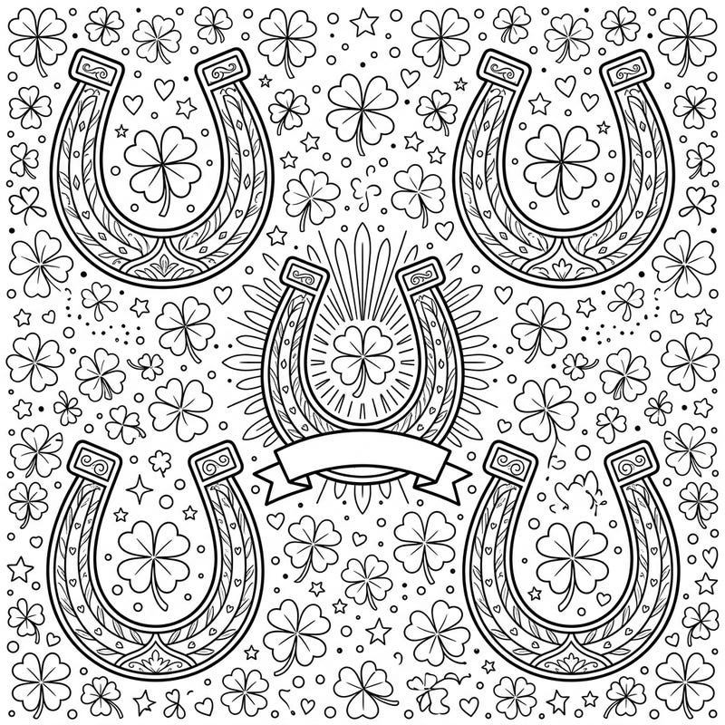 Invite good fortune into your day with this intricate lucky horseshoes coloring page. Adorned with four-leaf clovers, stars, and elegant patterns, it's a charm-filled design ready for your creative touch.