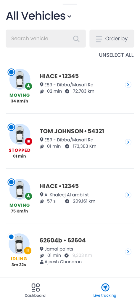 FAMS Mobile - Fleet Management - Interface of FAMS Mobile app showing real-time fleet tracking with vehicle status and locations.