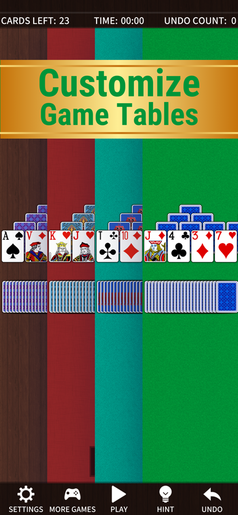 A preview of the customizable game table background colors in TriPeaks Solitaire Classic
