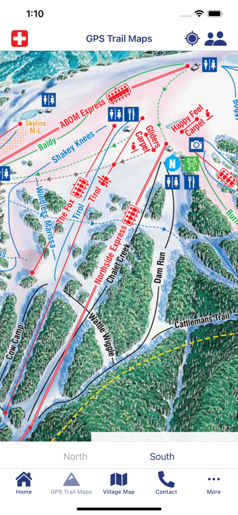 Um mapa detalhado de trilhas GPS do resort de esqui Mt Buller dentro do aplicativo móvel.