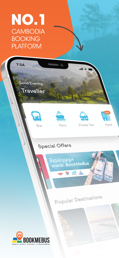 BookMeBus — Bus Ferry and Taxi - BookMeBus app home screen featuring options for bus ferry taxi and hotel bookings in Southeast Asia