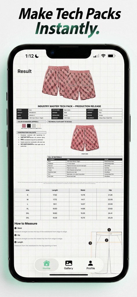 LayFlat - Mobile app screen showing a professional clothing tech pack with garment specifications and measurements generated instantly for a pair of shorts.