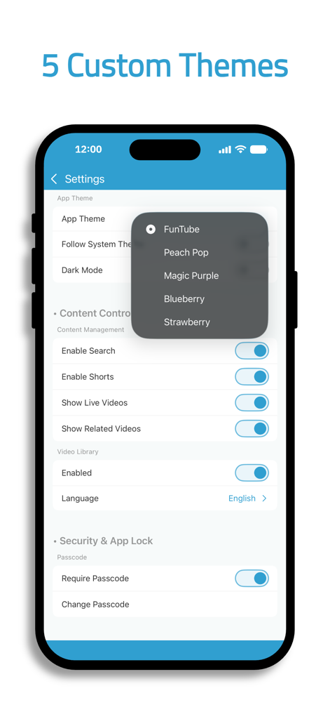 FunTube. - FunTube settings interface displaying custom theme options and parental control features