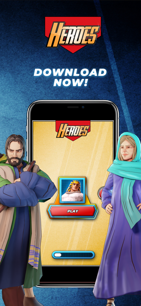 Bible Trivia Game Heroes promotional screen showing animated biblical characters and a smartphone with the play button