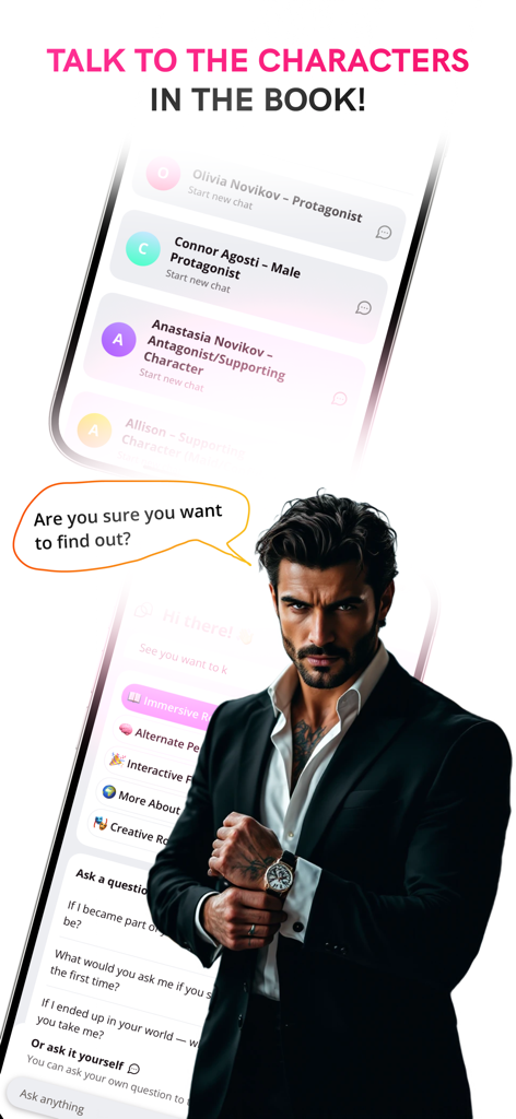 Epicbooks Romantic Novels - Interface showing the AI chat feature where readers can talk to romantic novel characters like a billionaire protagonist