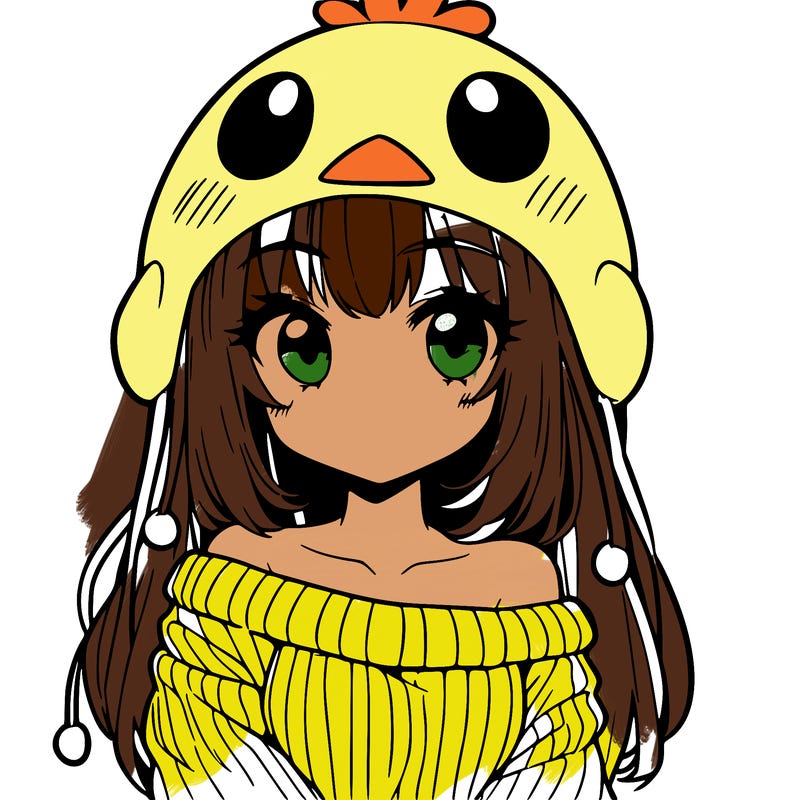 anime girl with chick shaped hat with sweater with bare shoulders with bangs covering them one eye with low tail