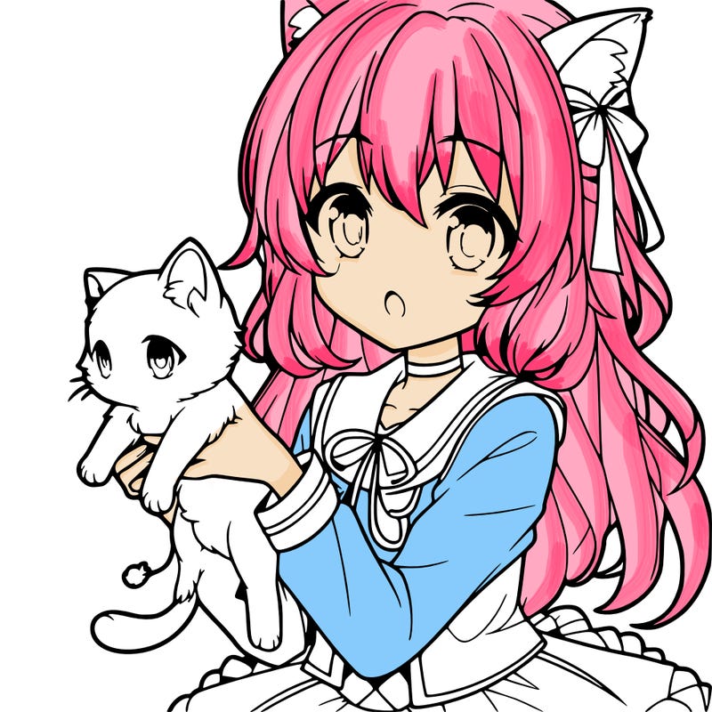 an anime girl holding a kitten