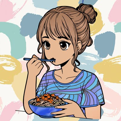 a realistic girl, eating food