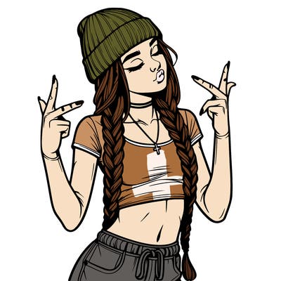 realistic teenage girl with braids and a beanie and crop top doing 🫶🏼