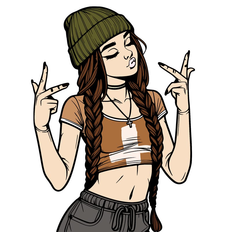 realistic teenage girl with braids and a beanie and crop top doing 🫶🏼