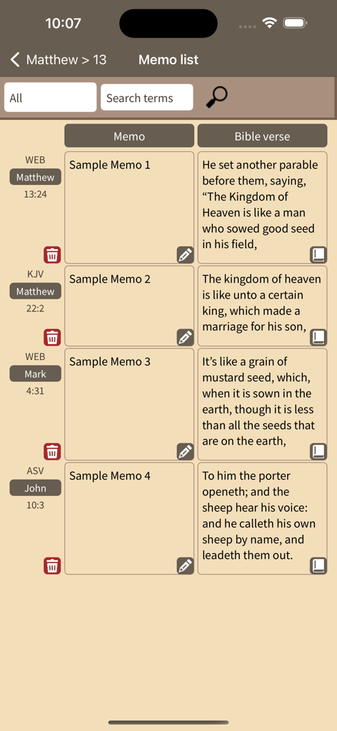 Seed Bible English Japanese - Memo list view in the Seed Bible app showing personal study notes next to corresponding Bible verses from various translations.