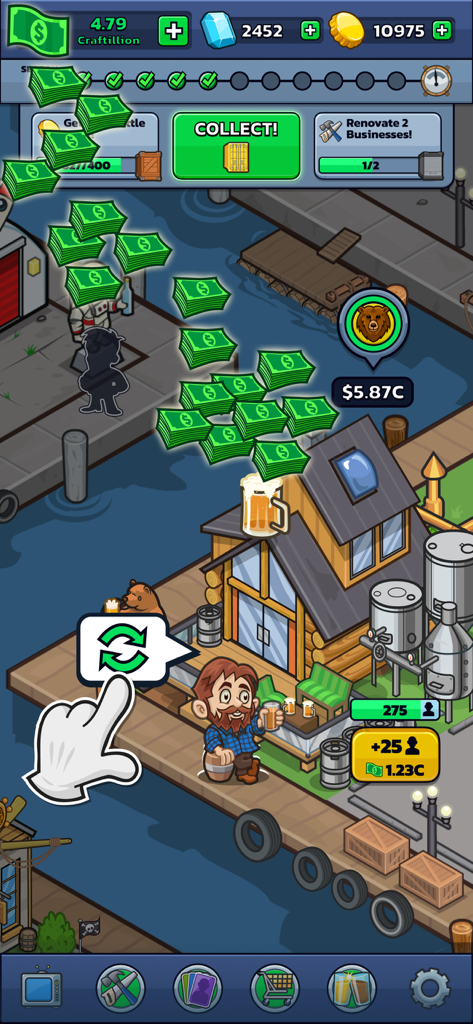 Idle Distiller Tycoon Game - Jugabilidad de Idle Distiller Tycoon con gestión de cervecería y acumulación de efectivo.