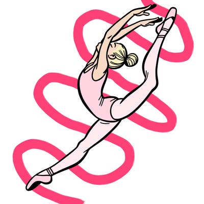 gymnast doing a leap in a leotard with a bent back leg