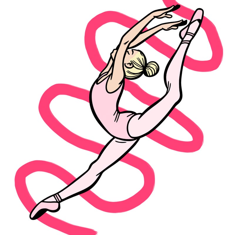 gymnast doing a leap in a leotard with a bent back leg