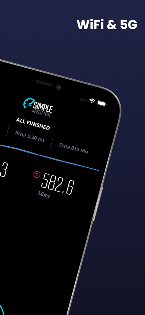 Internet Speed Test - 5G 4G - Smartphone screen displaying 5G and WiFi internet speed test results with high upload speed