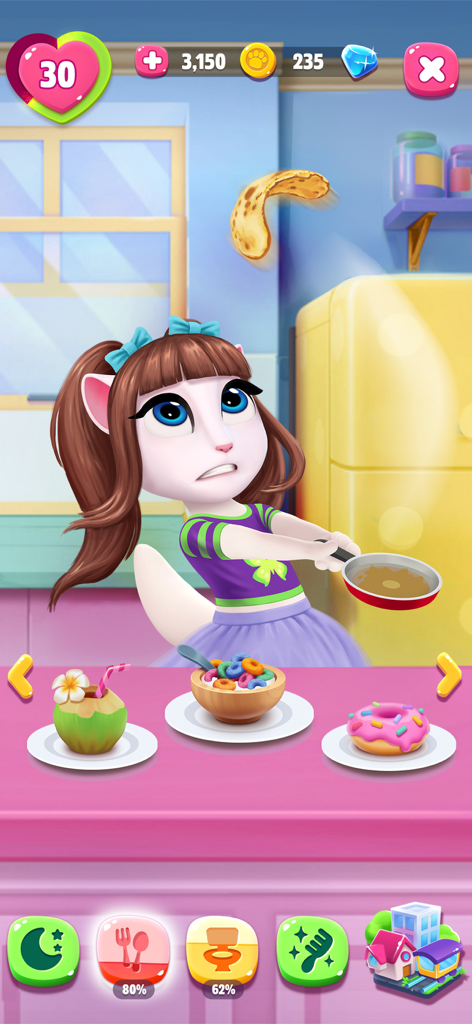 Angela flipping a pancake in her kitchen with breakfast foods on the counter.