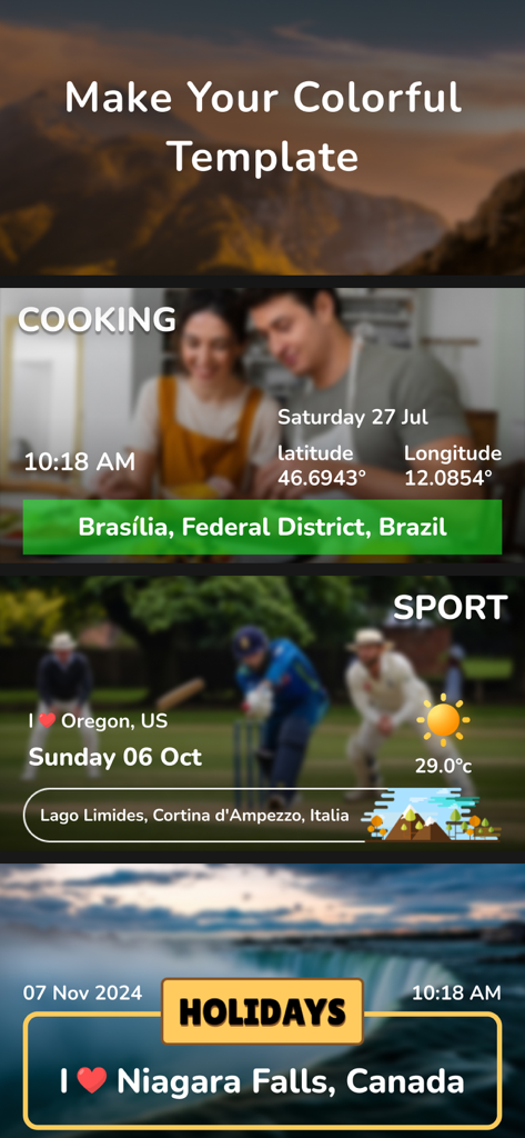 MapStamp - GPS Map Camera - MapStamp app interface showing various colorful photo templates with GPS location and timestamp watermarks