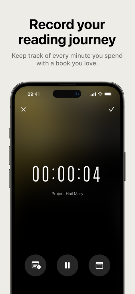 Bookology: Book Tracker - Bookology app reading timer screen tracking a reading session for the book Project Hail Mary