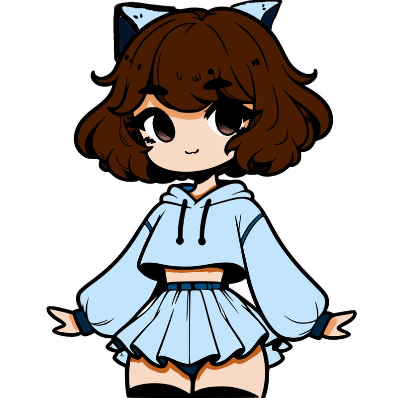 cute femboy with short, fluffy hair that softly frames their face, wearing a cropped hoodie, paired with a flouncy short skirt, and thigh-high stockings