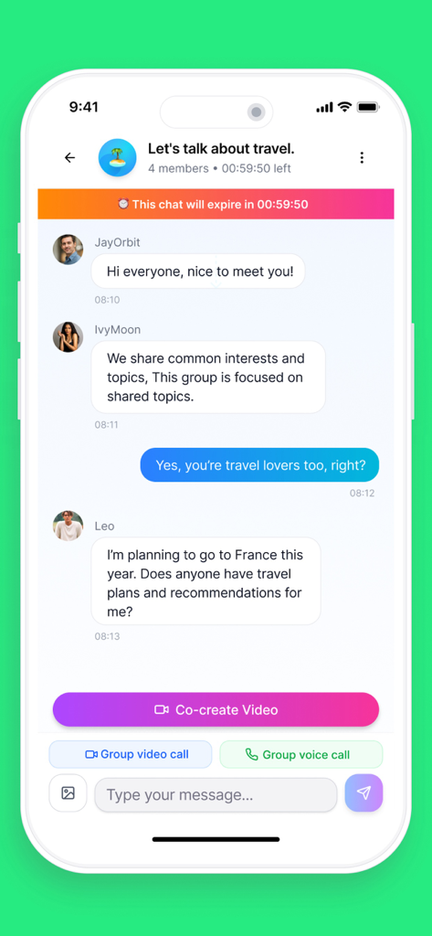 Reso – Stories & Community - Interfaz de chat grupal de la aplicación Reso que muestra una discusión de viajes con funciones de videollamada y llamada de voz colaborativas.