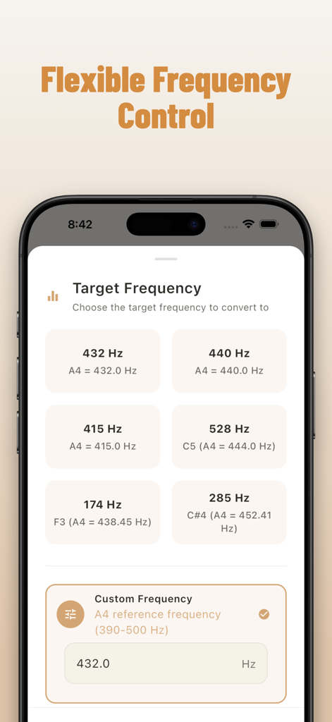 432 Hz Converter - Bildschirm zur Auswahl der Zielfrequenz mit Optionen für 432 Hz, 528 Hz und benutzerdefinierte Frequenzsteuerung