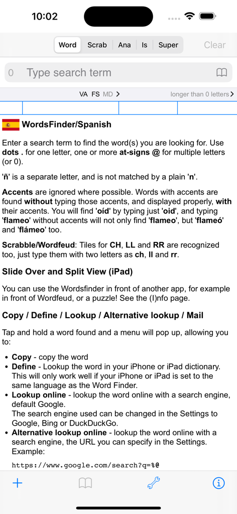 Español Words Finder PRO - Help page showing instructions for search wildcards and Spanish linguistic features in the Espanol Words Finder PRO app