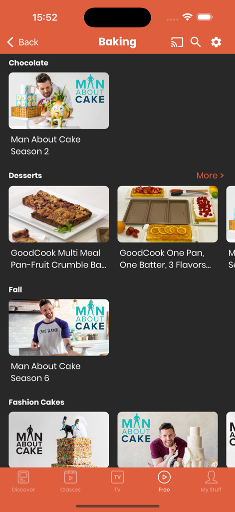 Craftsy mobile app interface showing a variety of baking video tutorials and cake decorating classes.
