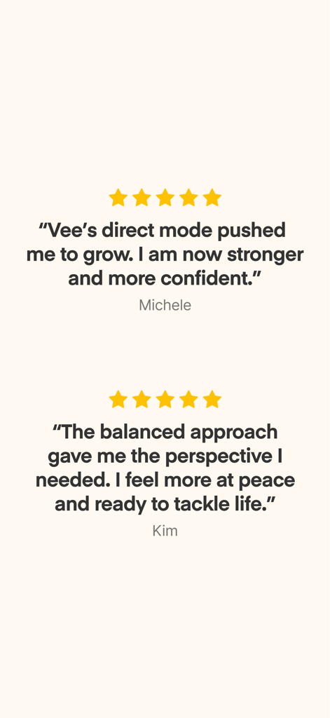 Five star user reviews for Vent AI Friend and Companion app showing feedback from Michele and Kim