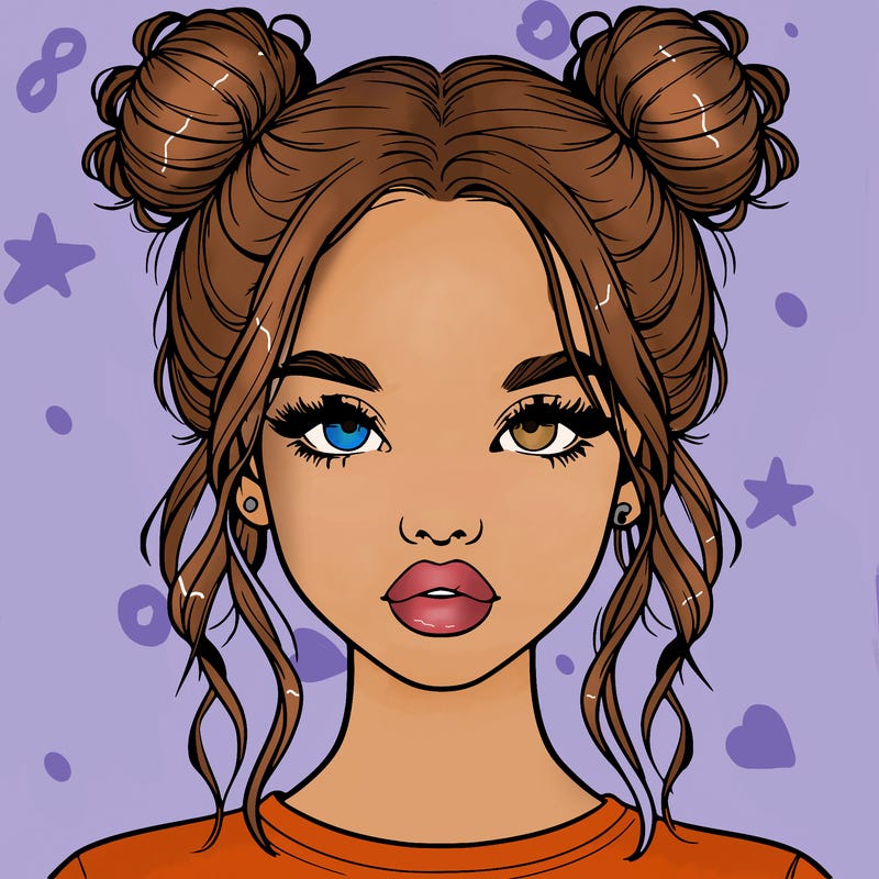 realistic girl with two buns in hair and lips