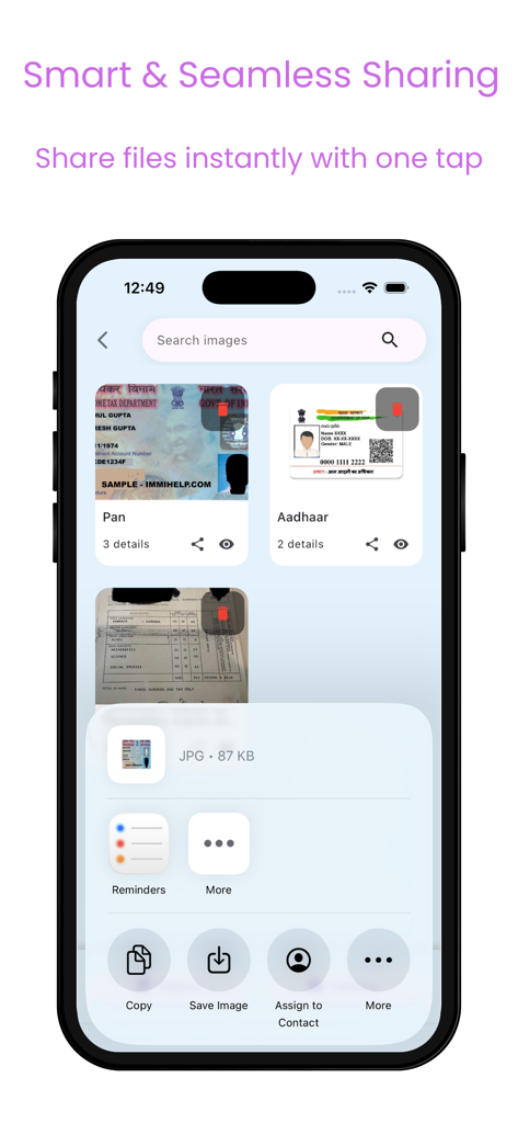 iPhone screen displaying DocVault document manager with sharing options for stored identity cards