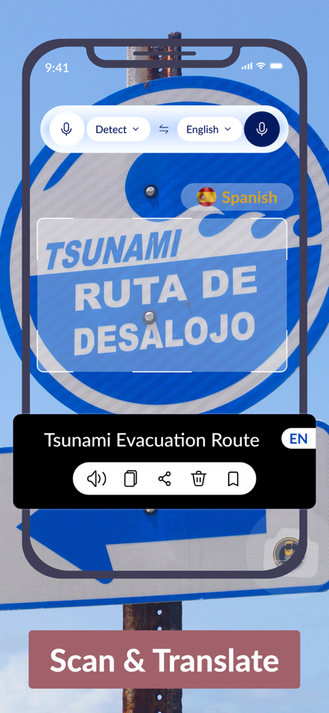 AI Translator | Voice & Photo - AI Translator app scanning a Spanish sign to show the English translation for Tsunami Evacuation Route.