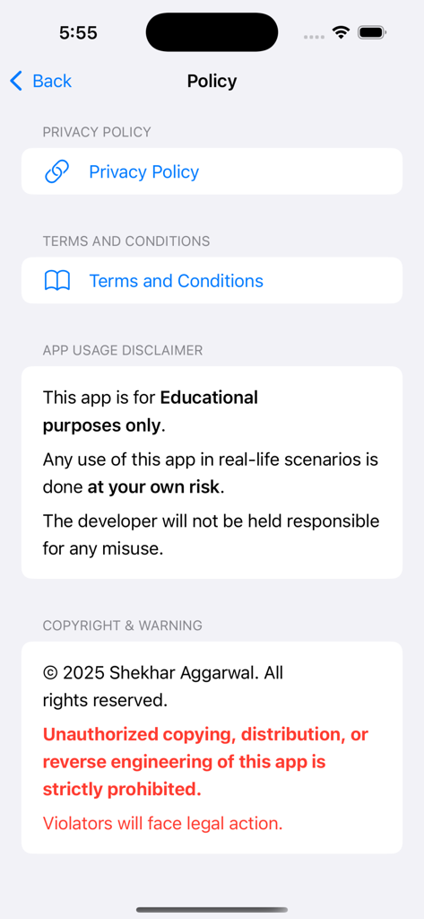 Cnc Turning Programming Pro - Policy and disclaimer screen for CNC Turning Programming Pro app