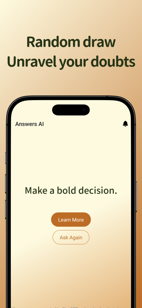 The Book of Answers: AnswersAI - L'interface de l'application The Book of Answers montrant un message de guidance suggéré disant Prenez une décision audacieuse avec des options pour En savoir plus ou Demander à nouveau.