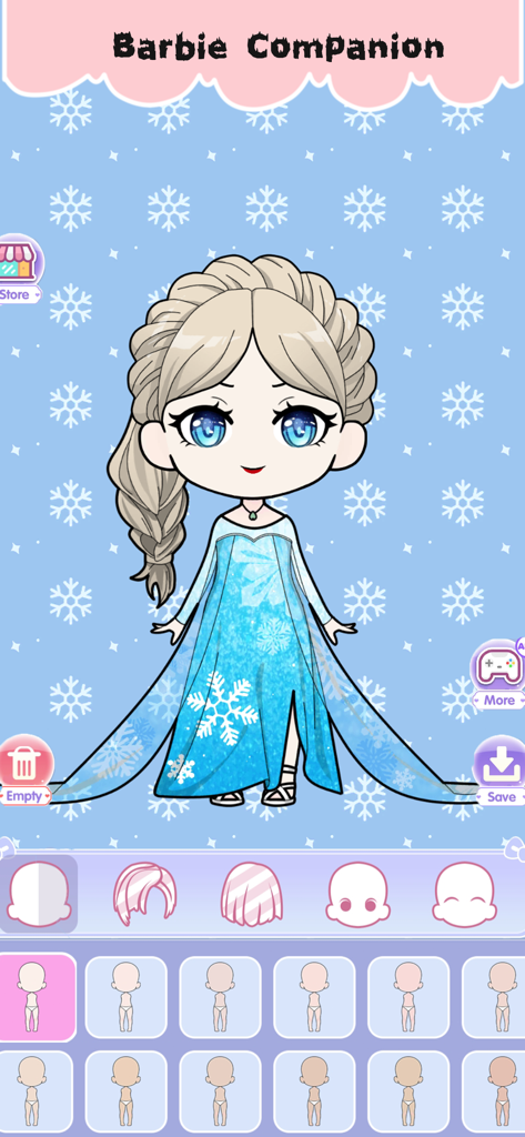 A chibi doll character with a blonde braid wearing a blue snowflake dress in the Vlinder Dolls game interface.