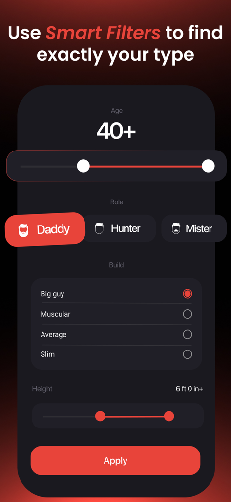 Interface of the Daddyhunt app showing advanced search filters for age, role, build, and height.