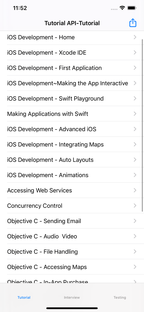Una lista de temas de tutoriales de desarrollo de iOS y Objective-C, incluyendo el IDE Xcode y la programación en Swift