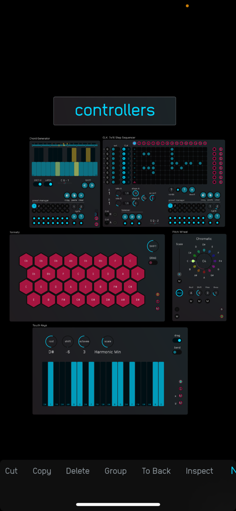 Audulus 4 - Audulus 4 interface showing music production controllers including step sequencer chord generator and touch keys