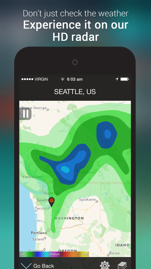 iWeather Forecast - iWeather Forecast app showing an HD radar map of Seattle Washington