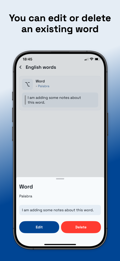 A mobile interface in the My Pocket app showing options to edit or delete a saved word along with its meaning and personal notes.