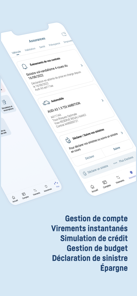 Banque Transatlantique mobile - Interface do aplicativo móvel Banque Transatlantique exibindo recursos de rastreamento de apólices de seguro e declaração de sinistros