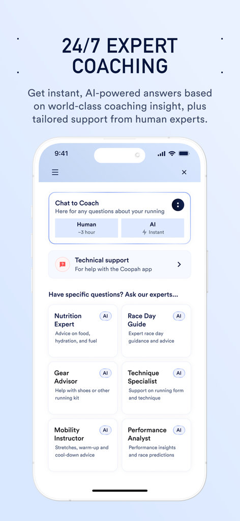 Coopah: The Run Coaching App - A mobile app screen for Coopah showing human and AI expert coaching options for runners