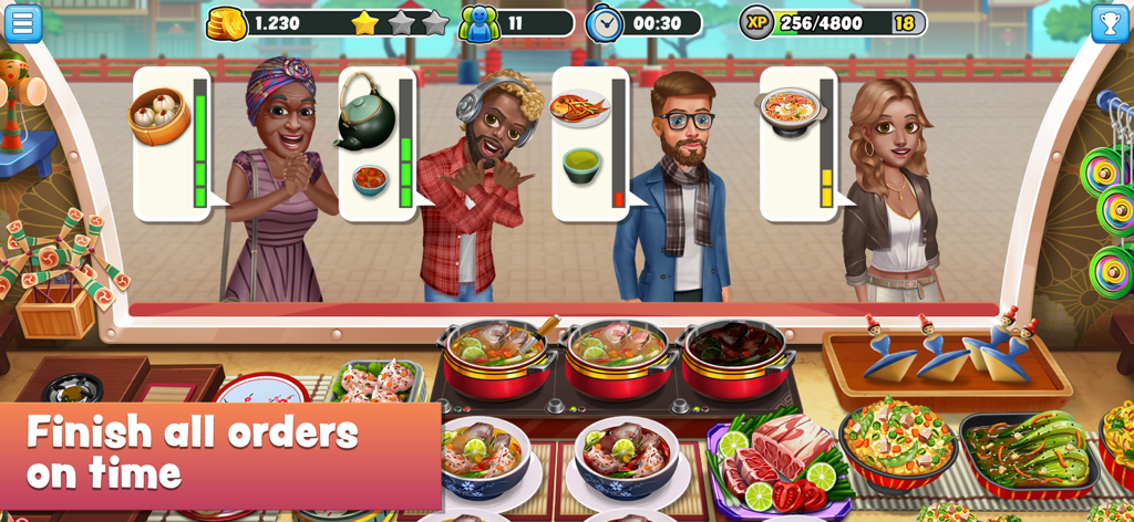 Food Truck Chef™: Cooking Game - In-game view of serving various dishes to diverse customers in Food Truck Chef