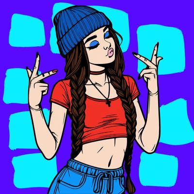 realistic teenage girl with braids and a beanie and crop top doing 🫶🏼