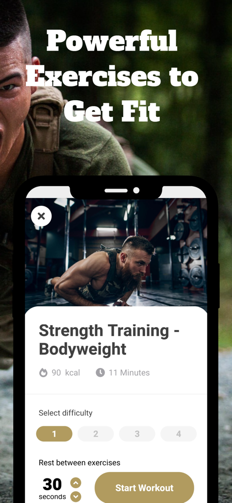 Military and Army Workouts - Mobile app interface for military bodyweight strength training showing workout duration and difficulty settings.