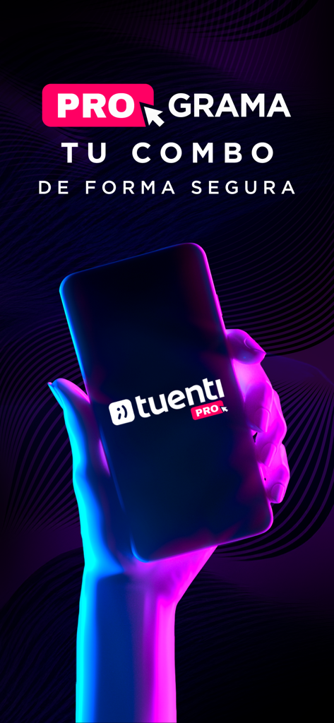 Mano sosteniendo un teléfono inteligente con el logo de Tuenti PRO y texto para programar combos móviles de forma segura.