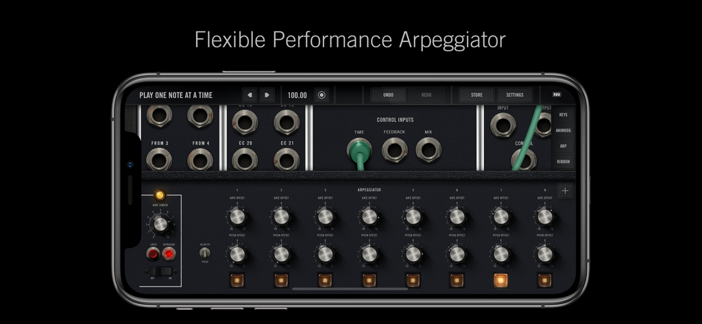 Interface of the Moog Model 15 modular synthesizer app featuring the flexible performance arpeggiator on an iPhone screen.