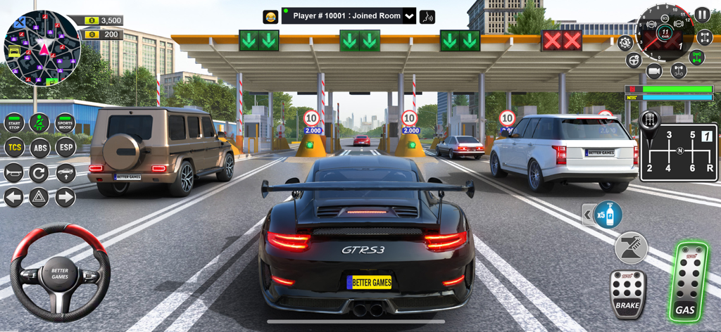 A black GTRS3 sports car waiting at a city toll plaza in Car Driving Simulator Games featuring a detailed driving interface.
