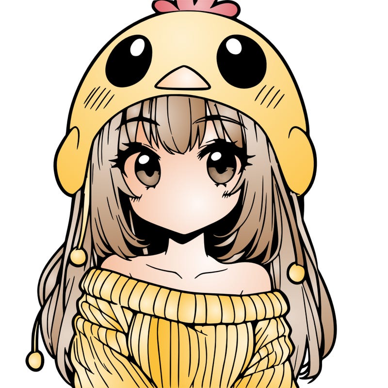 anime girl with chick shaped hat with sweater with bare shoulders with bangs covering them one eye with low tail