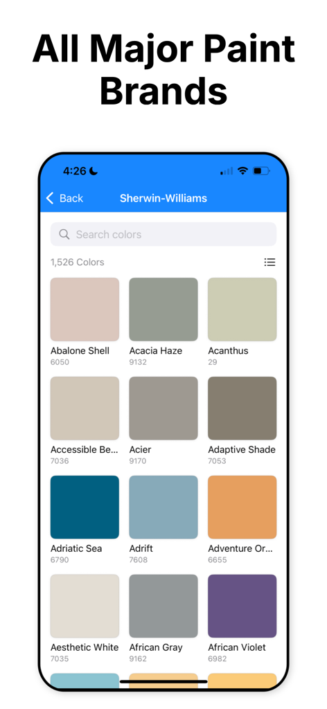 Paint Color Visualizer - A mobile screen from the Paint Color Visualizer app showing a grid of Sherwin Williams paint color swatches with their names and codes.