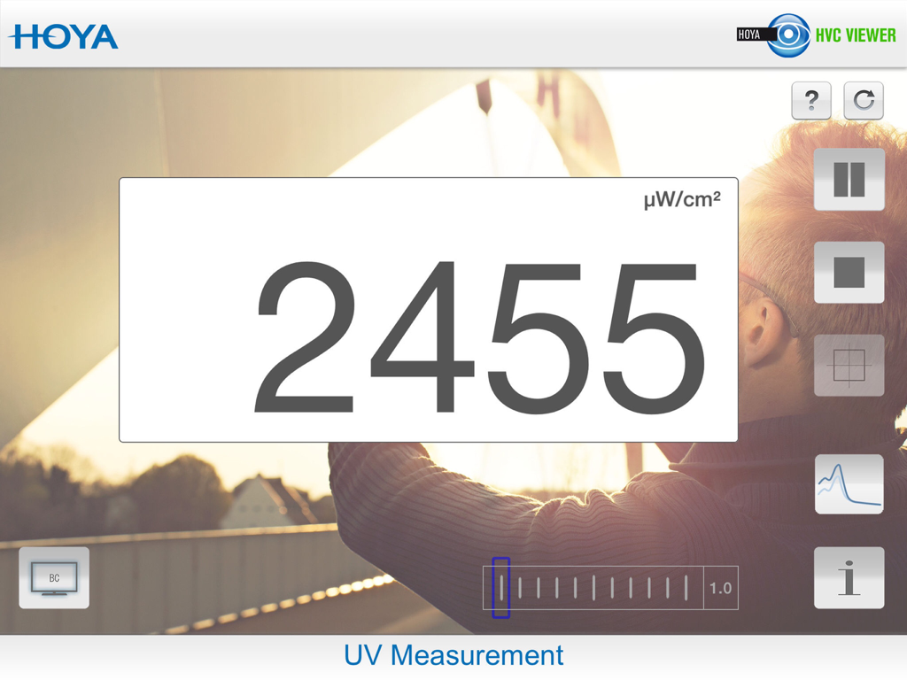 HVC Viewer - UV Measurement screen in the Hoya Vision Consultant Viewer app showing a digital readout of UV intensity
